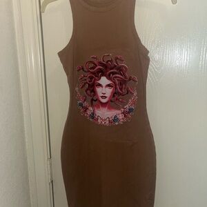 Brown Sleeveless Dress with Medusa Graphic Design